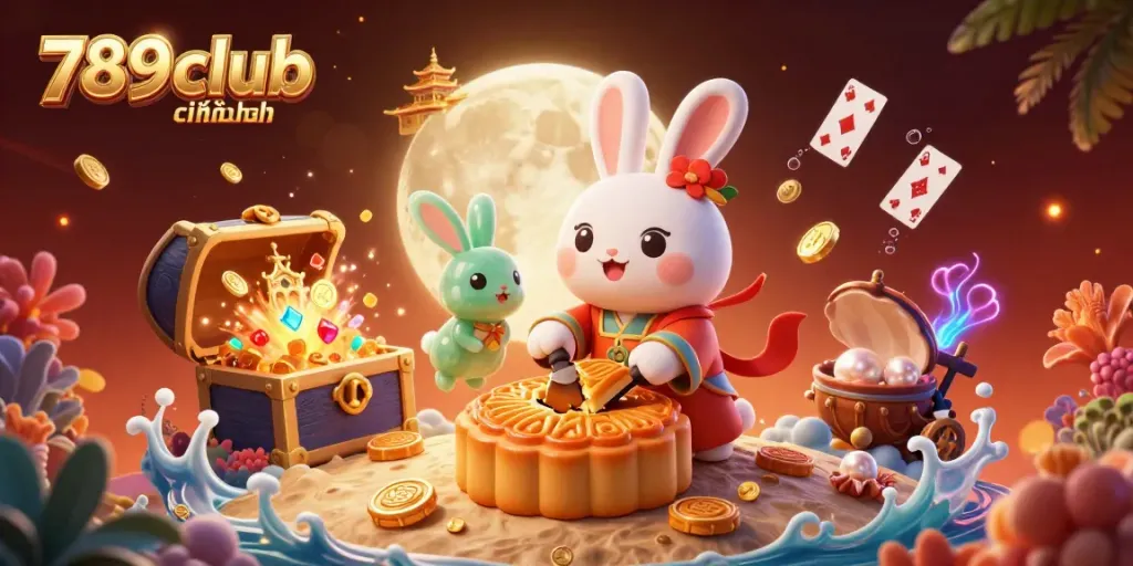 Engage with 789club chính chủ, where a folklore moon rabbit reveals poker chips amid treasure and vibrant gaming elements.