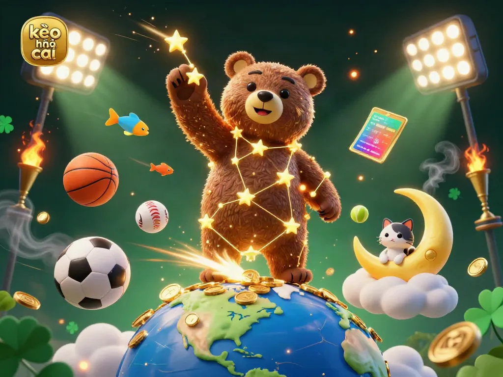 Bet big with kèo nhà cái as the constellation bear reaches down for coins amidst vibrant sports elements.