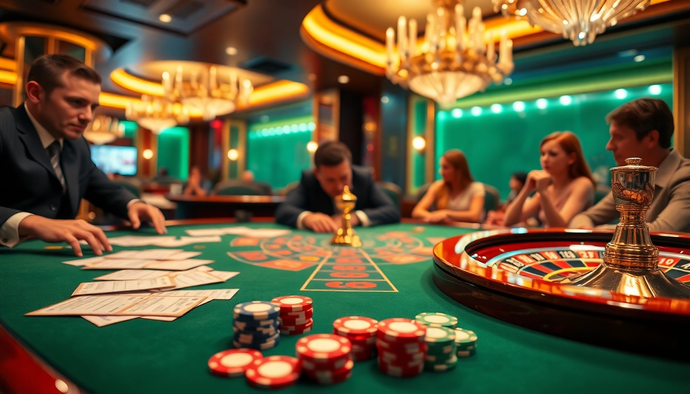 Players enjoying a thrilling casino game at OK365, featuring vibrant poker chips and luxury decor.