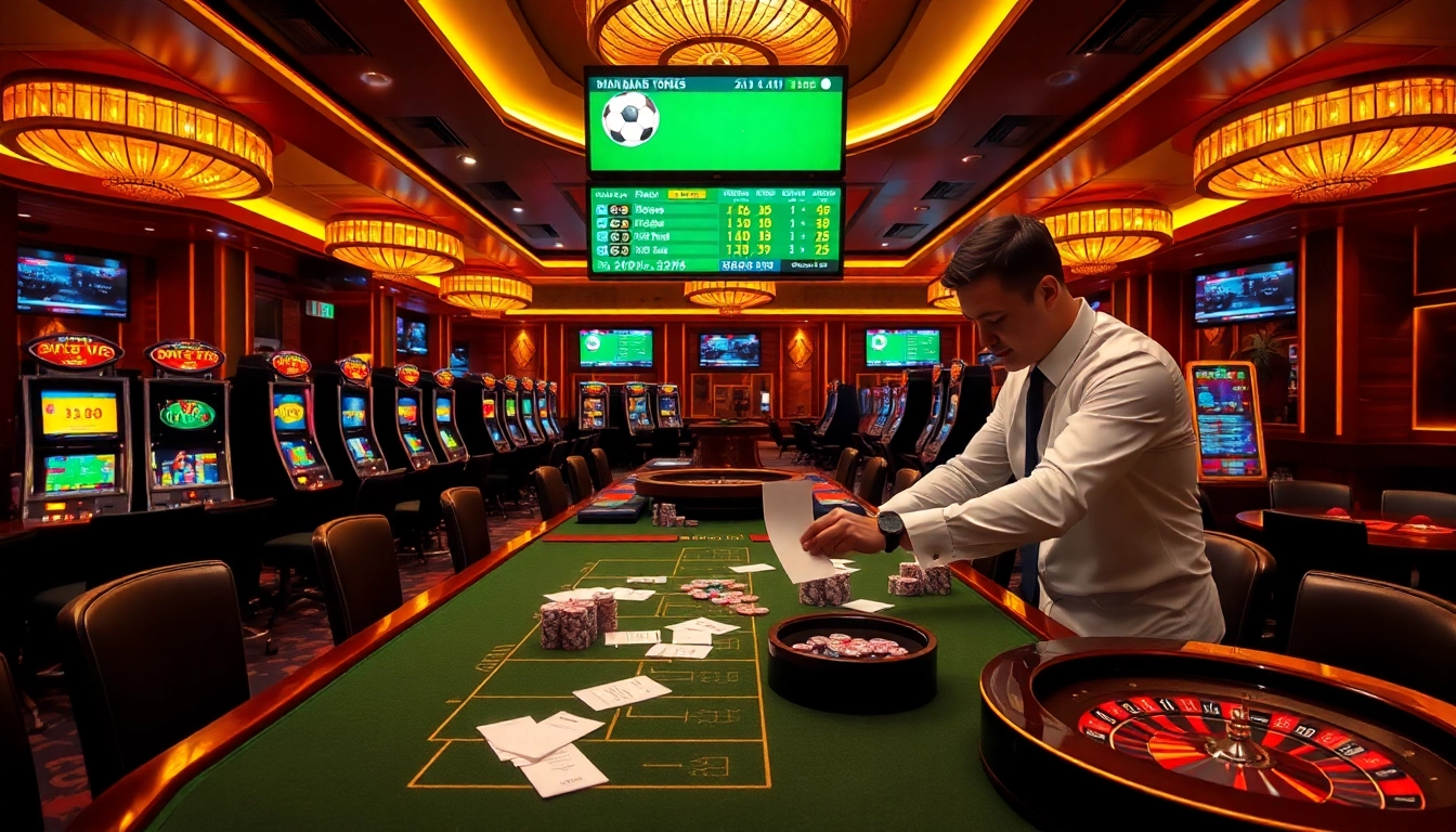 Kèo Bóng Đá betting scene with a dealer, poker chips, and live odds display in a luxury casino.
