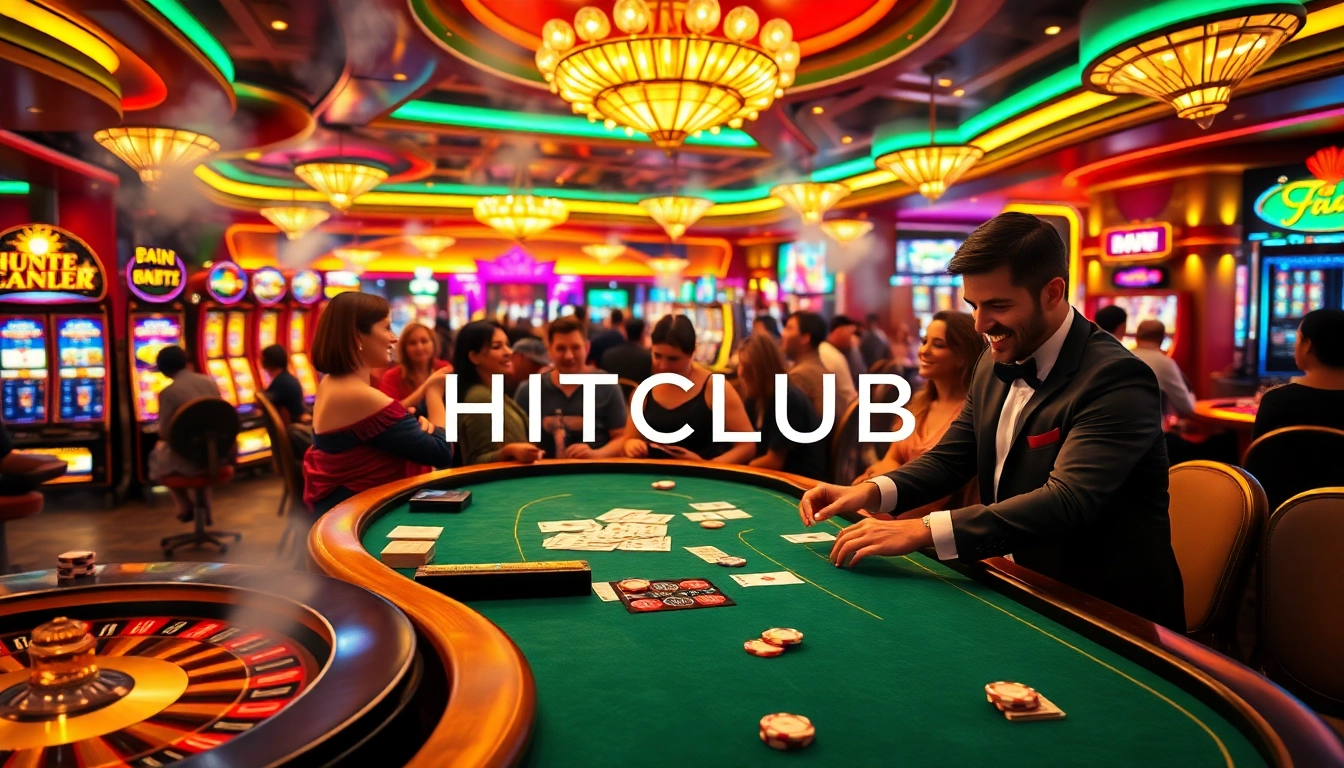 Players enjoy engaging games at HITCLUB casino, showcasing poker tables and vibrant slot machines.