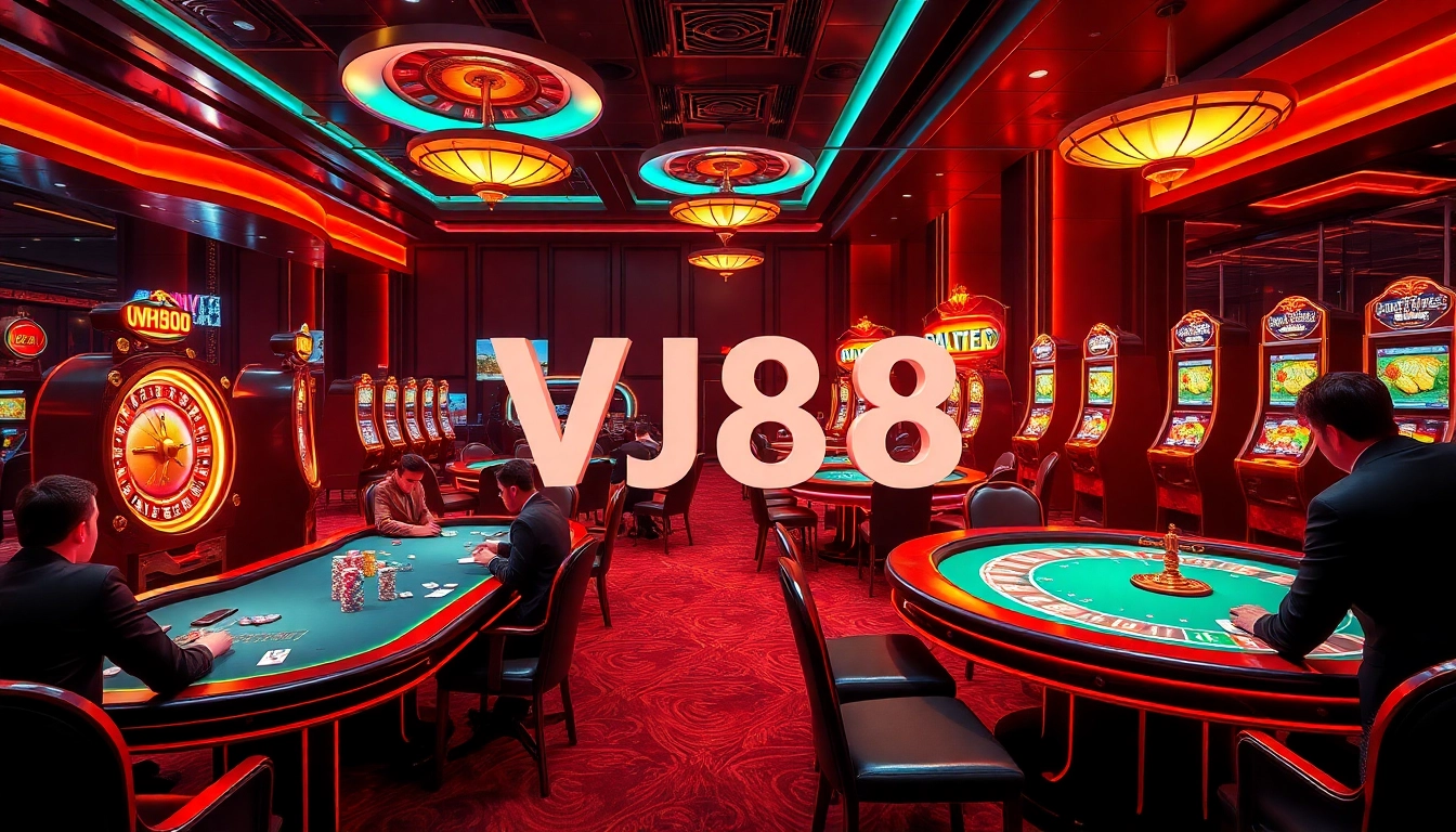 Players strategizing at the poker table in a luxurious VJ88 casino setting filled with excitement.