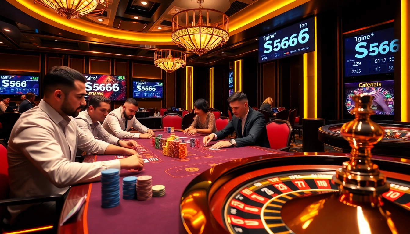 S666 branded casino table with professional players and poker chips in action.