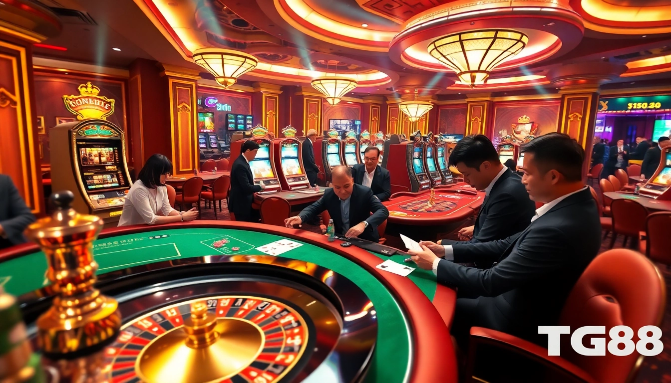 Players winning at the TG88 casino, enjoying games on roulette and poker tables with vibrant lights.