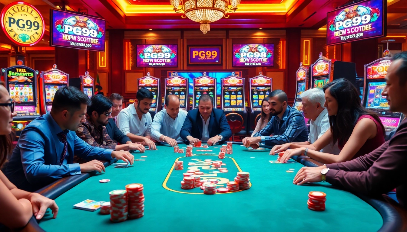 Engaging gamblers at a luxury casino table showcasing PG99 Code in an exciting poker game.
