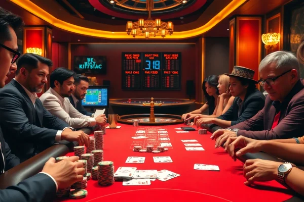 A lively poker game at kjc.ac, showcasing rich colors, intense focus, and elegant casino elements.