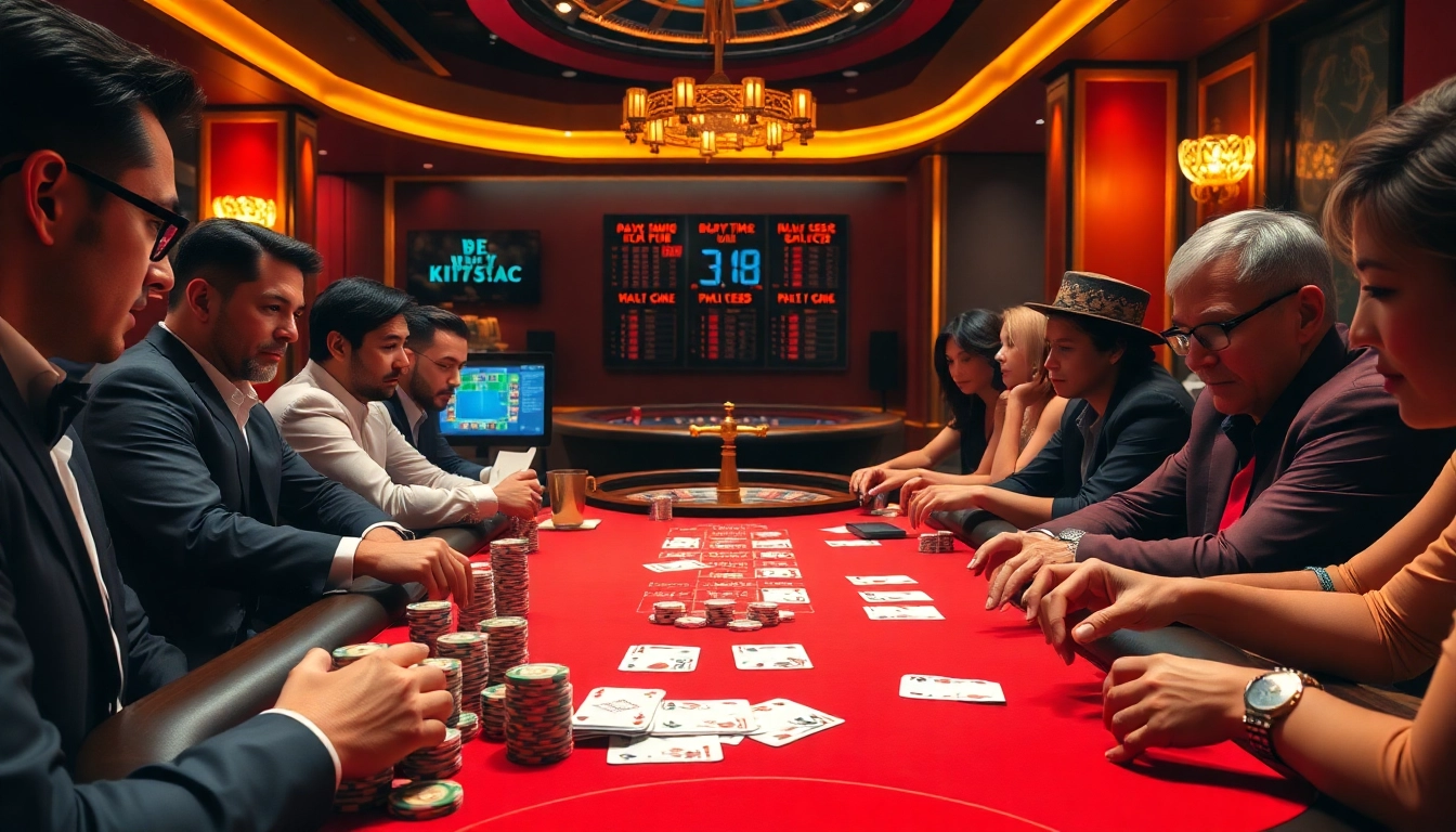 A lively poker game at kjc.ac, showcasing rich colors, intense focus, and elegant casino elements.