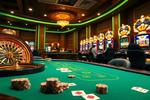 Players enjoying an exciting gaming experience at trang okfun casino, featuring luxurious gaming tables and slots.