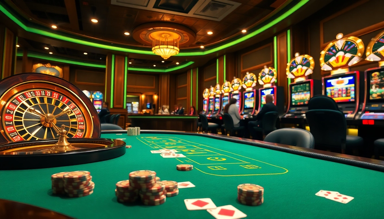 Players enjoying an exciting gaming experience at trang okfun casino, featuring luxurious gaming tables and slots.