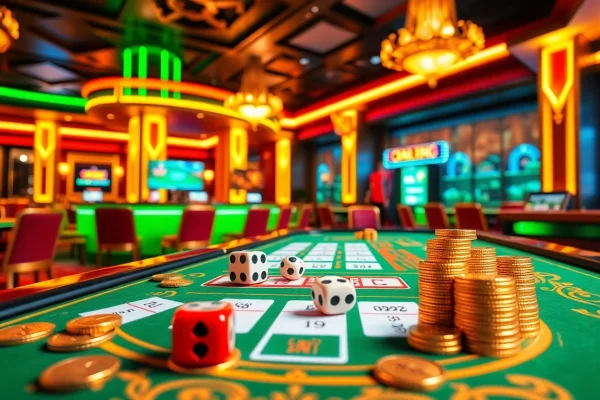Xóc đĩa online gaming experience with virtual dice and betting slips in a luxurious casino.