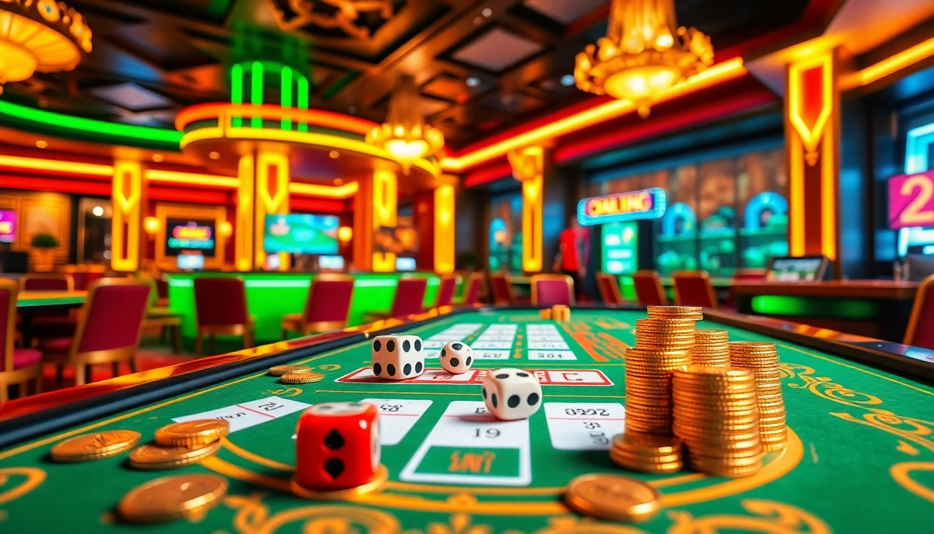 Xóc đĩa online gaming experience with virtual dice and betting slips in a luxurious casino.