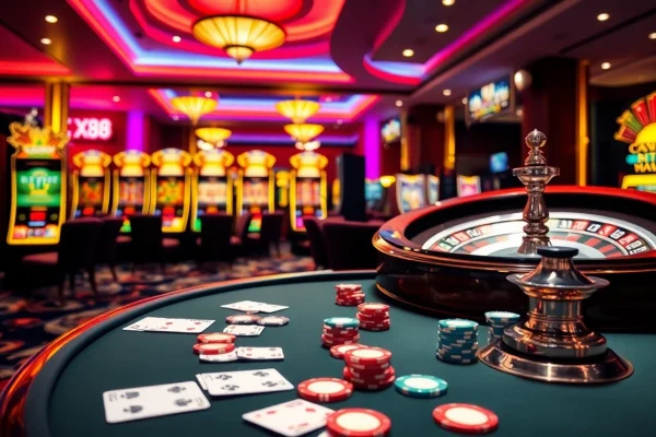 Experience thrilling gameplay at x88 casino with vibrant slot machines and high-stakes poker tables.