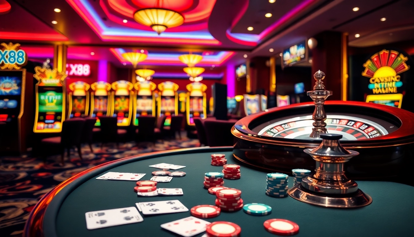 Experience thrilling gameplay at x88 casino with vibrant slot machines and high-stakes poker tables.