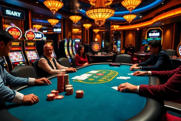 Experience the thrill of casino action with s88 poker chips and casino tables in vibrant lighting.