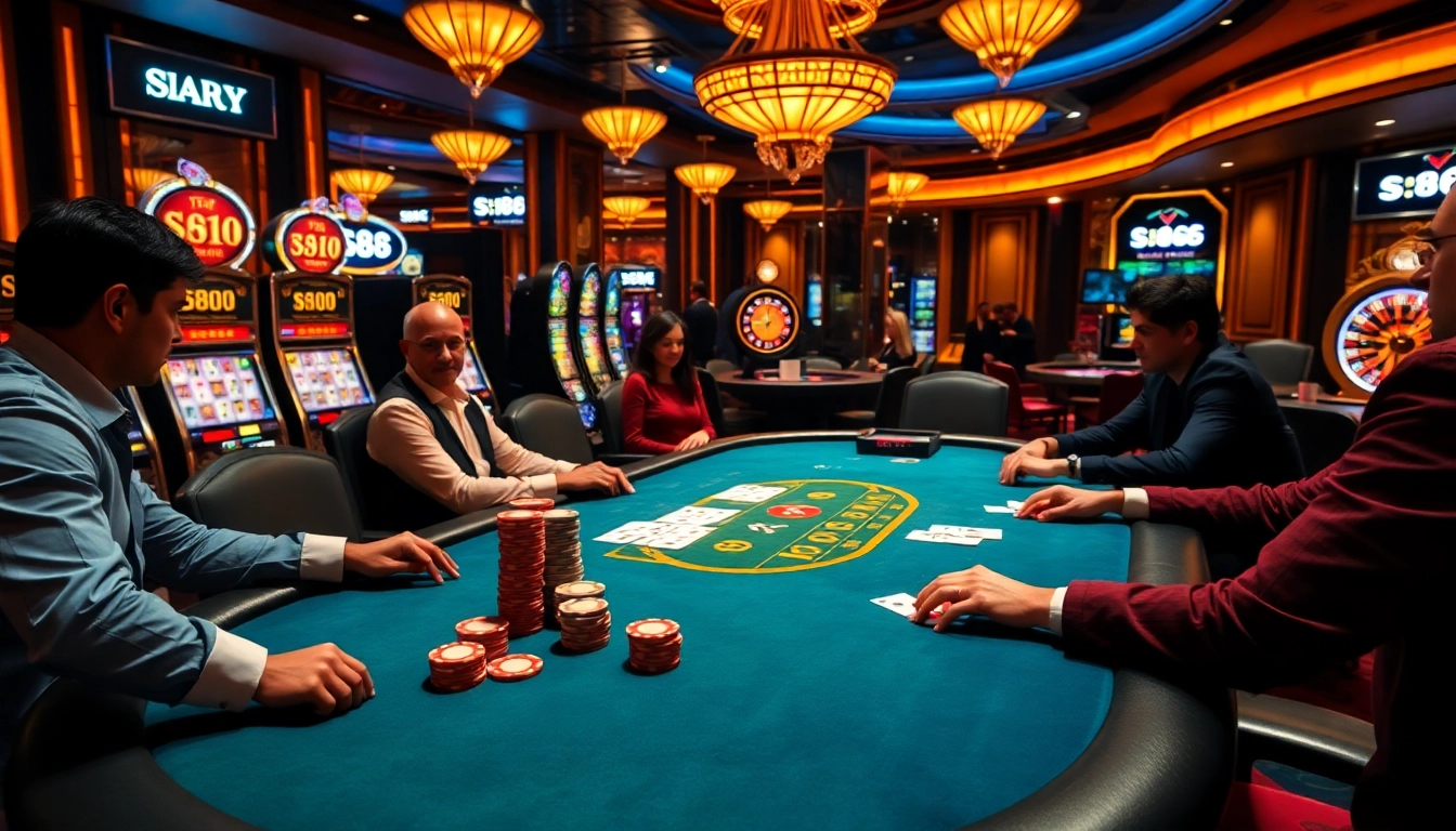Experience the thrill of casino action with s88 poker chips and casino tables in vibrant lighting.