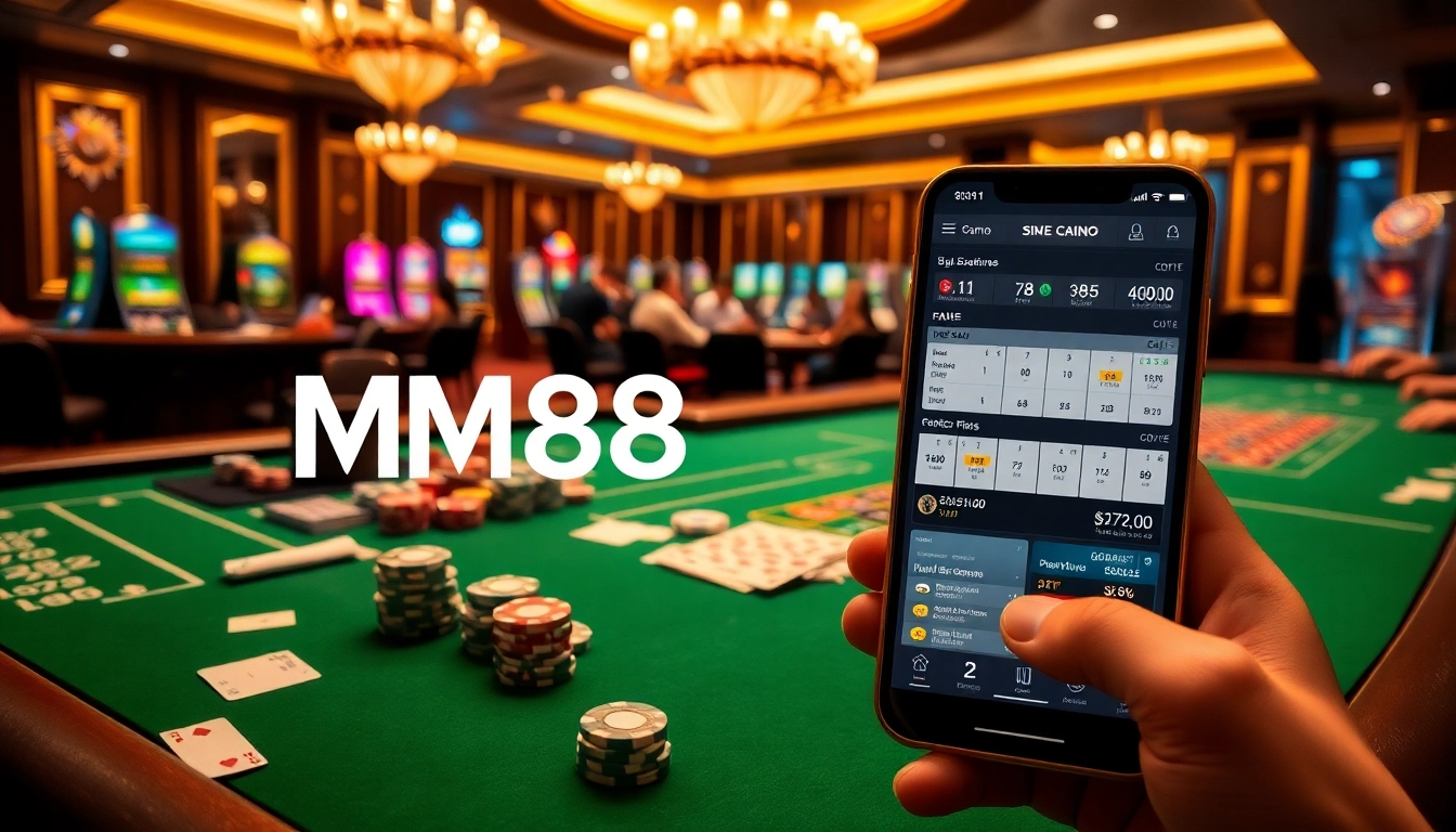 Players enjoying high-stakes poker at MM88 casino, surrounded by vibrant slot machines.