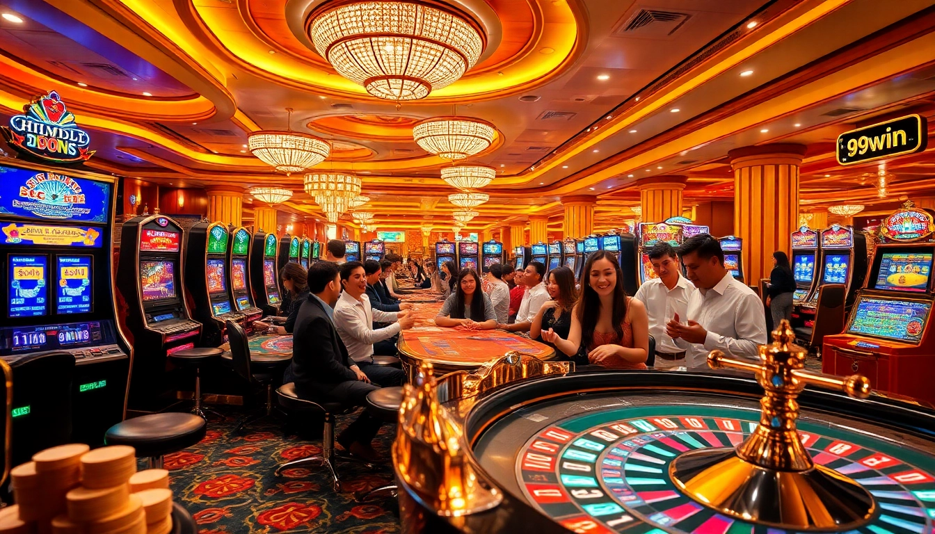 Players celebrating big wins at a glamorous casino filled with exciting games like 99win.