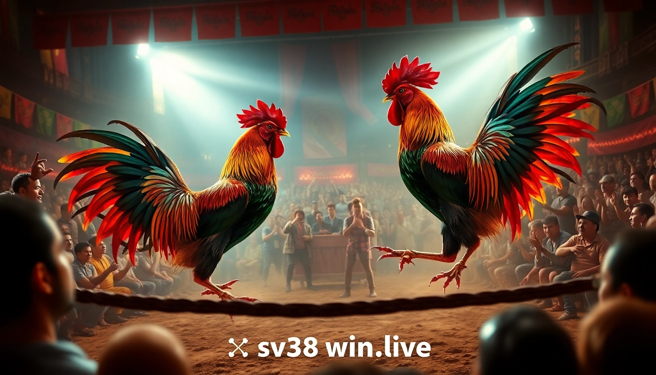 Thrilling cockfighting scene at sv368win.live with vibrant roosters and an electrifying audience atmosphere.