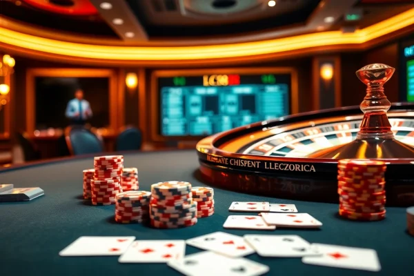 Experience thrilling gambling action at LC88 casino with poker chips and a roulette wheel.