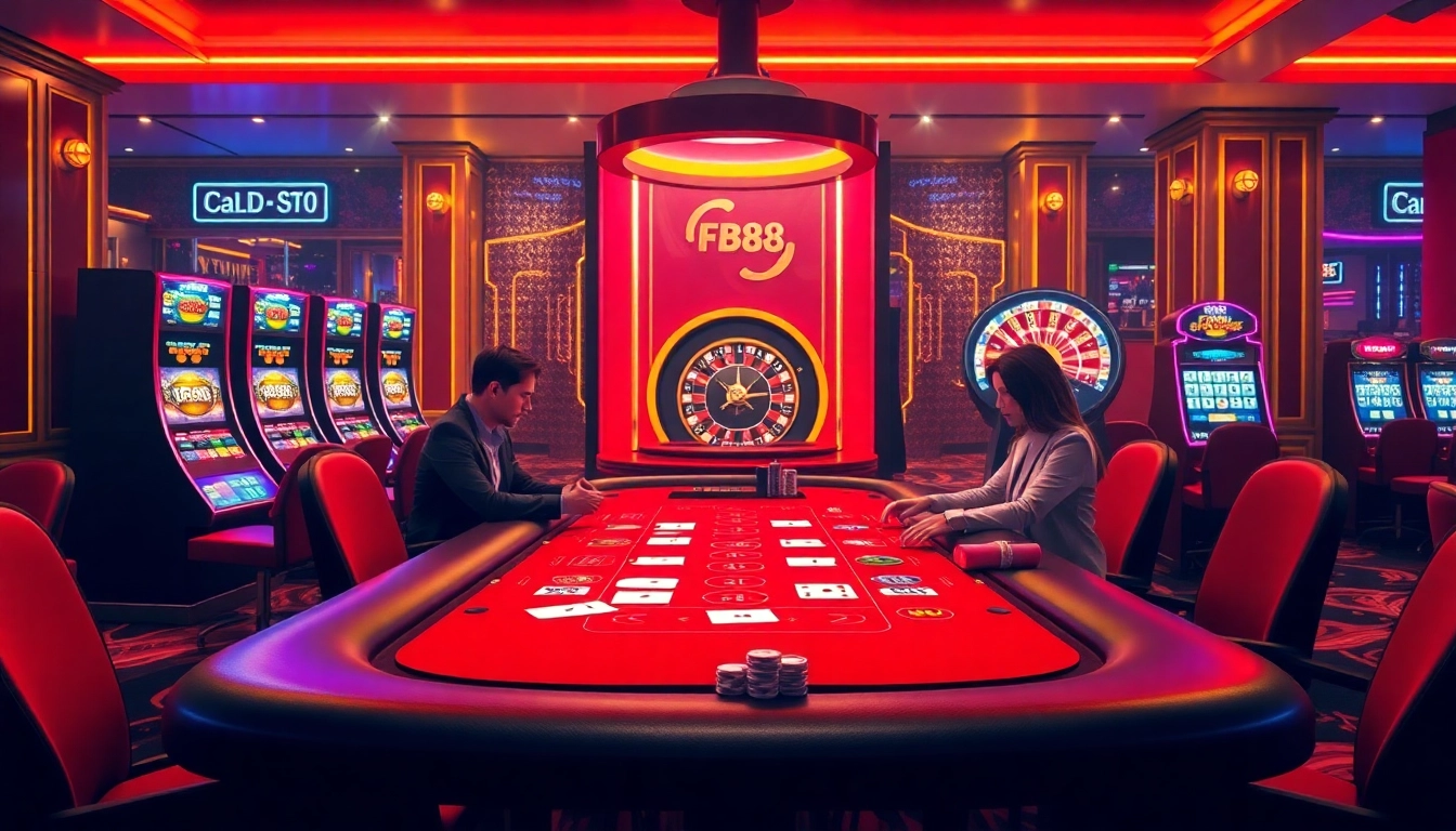 Experience the excitement of FB88 with players engaged in thrilling blackjack action at a luxurious casino table.