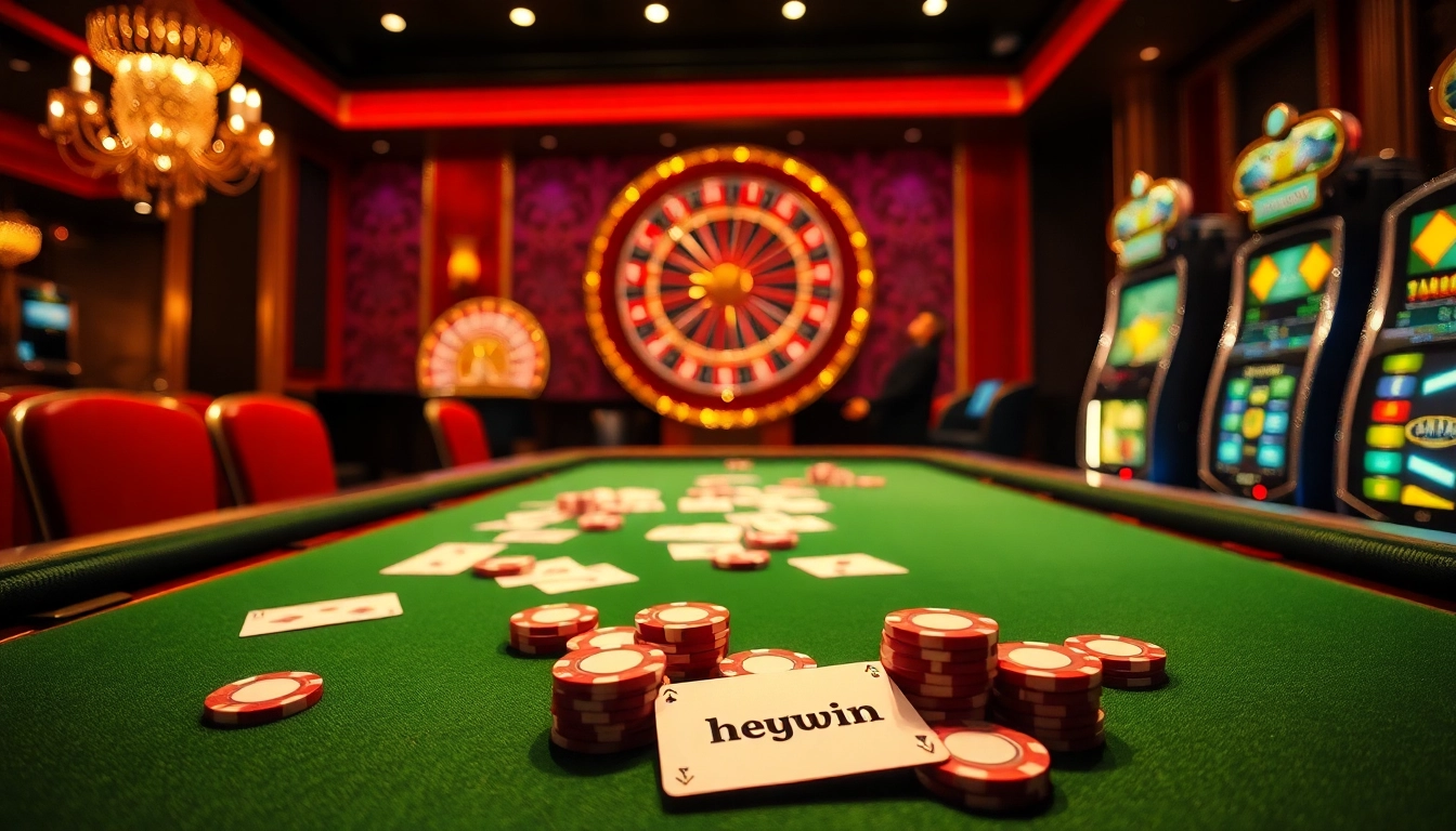 Players enjoying high-stakes poker at hay.win casino, vibrant roulette and slot machines in view.