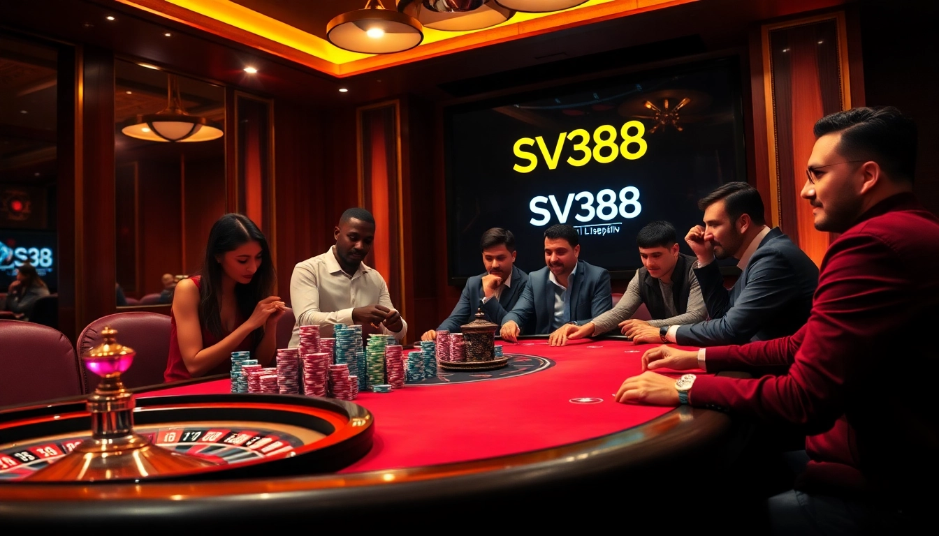 Experience high-stakes poker excitement at SV388 with vibrant casino visuals and intense players.