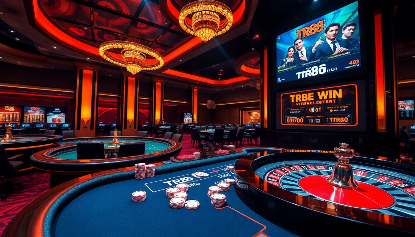 Exciting casino scene with TR88-themed poker tables and vibrant lights, ideal for gamblers.