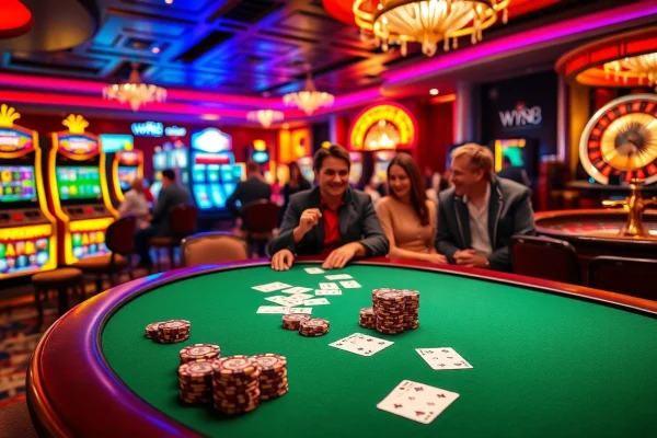 Gambling excitement at https://ww88.review/ featuring vibrant poker tables and illuminated slot machines.