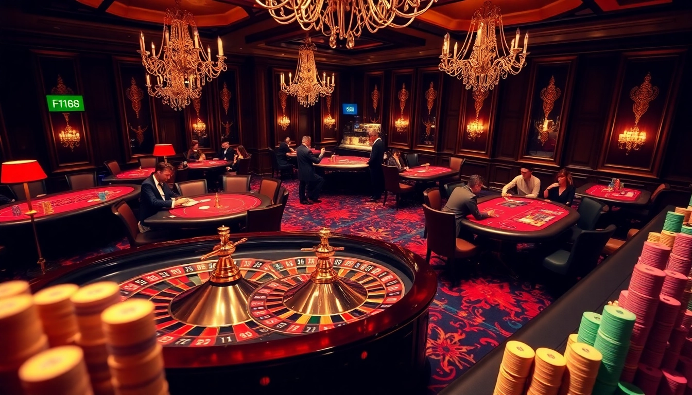 Experience excitement at F168 casino with vibrant roulette and poker tables full of chips.