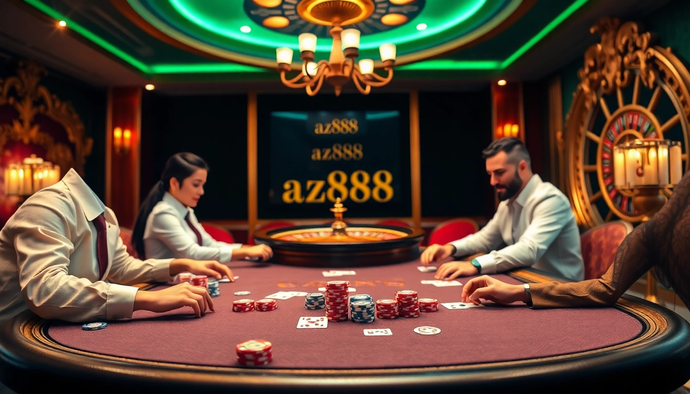 A thrilling poker game scene at a casino featuring az888 gaming elements, showcasing players strategizing over colorful poker chips.