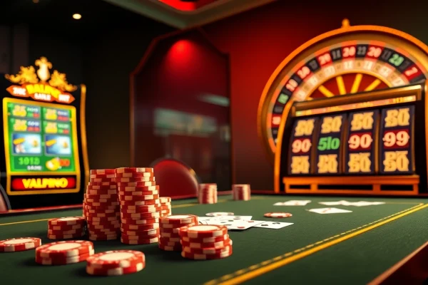 Experience high-stakes gaming at 789bet with vibrant poker chips and roulette wheels in a luxurious casino setting.