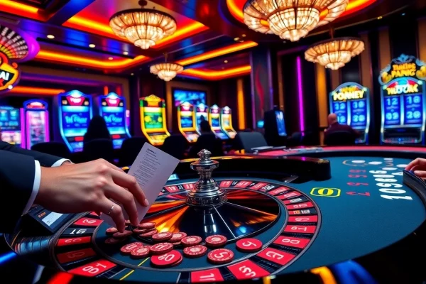 Gambling at Nhà cái 789K with players at roulette and poker tables, capturing the excitement.
