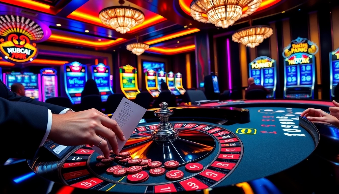 Gambling at Nhà cái 789K with players at roulette and poker tables, capturing the excitement.