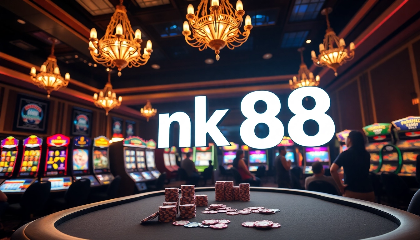 nk 88 gaming enthusiasts playing at a vibrant casino table with poker chips.