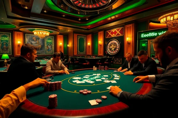 The vibrant casino scene showcasing players at a poker table, embodying excitement and professionalism in gambling with ee88e elements.