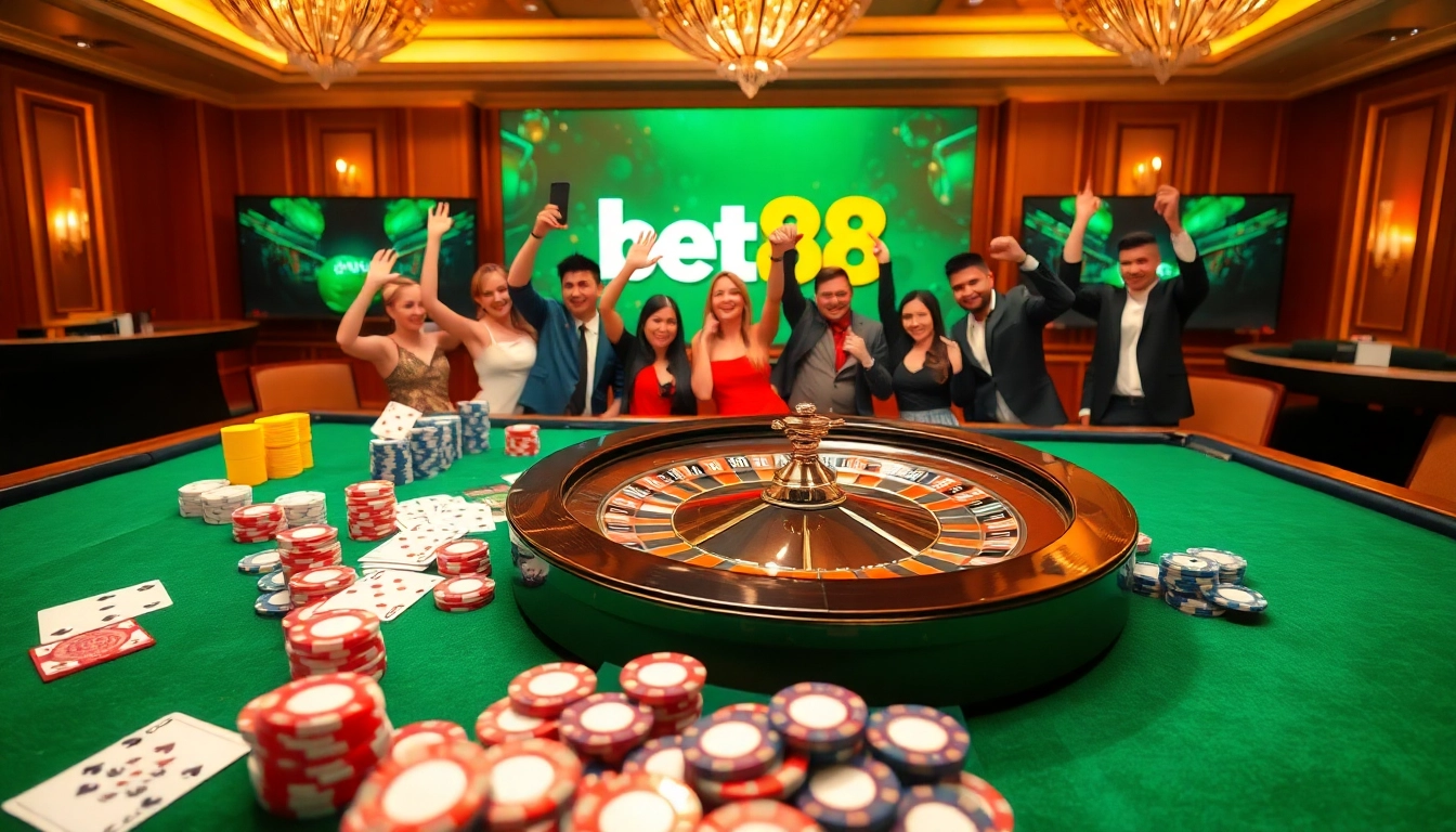 Experience the excitement of Nhà cái bet88 in a luxurious casino setting with vibrant gaming elements.