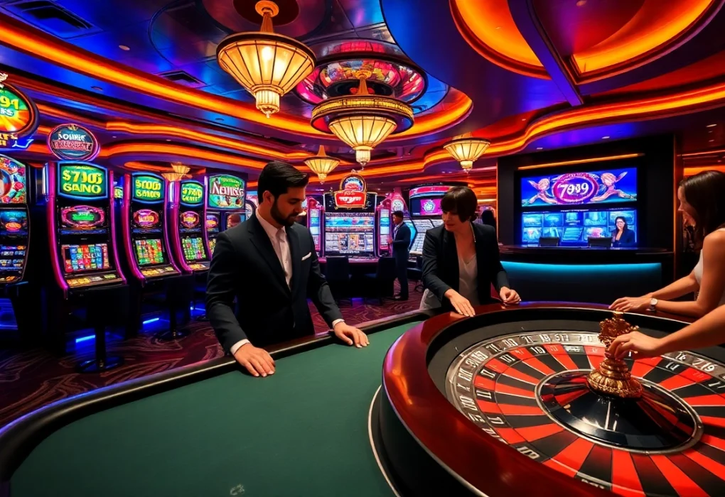 Engaged players at 789club enjoying poker and slots in a lavish casino setting.