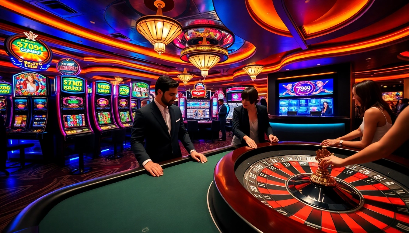 Engaged players at 789club enjoying poker and slots in a lavish casino setting.
