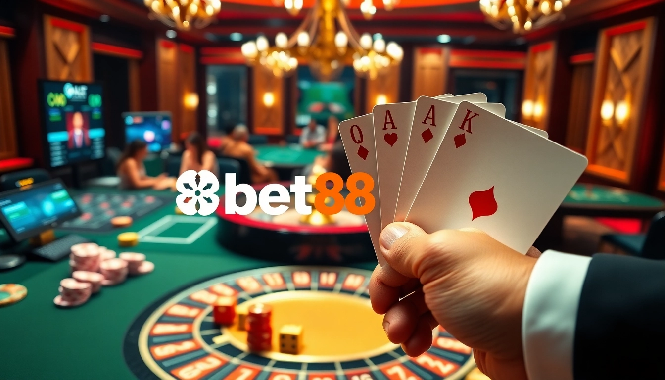 Experience high-stakes gambling at https://bet88.limited/ with an elegant poker hand and vibrant casino elements.