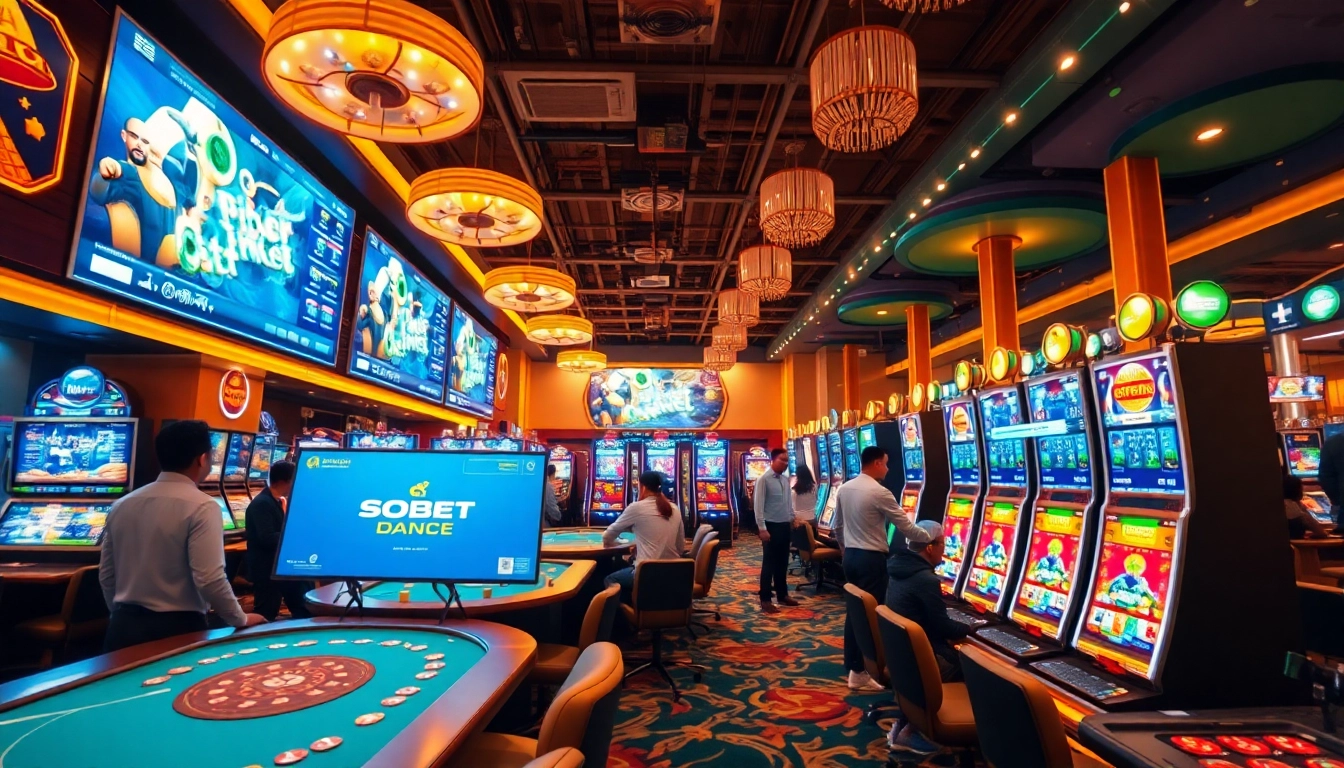 Vibrant online betting scene at sbobet.dance with poker tables and slot machines, showcasing an exciting casino atmosphere.