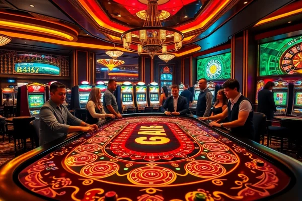 B52 casino table vibrant game action with players and colorful chips.