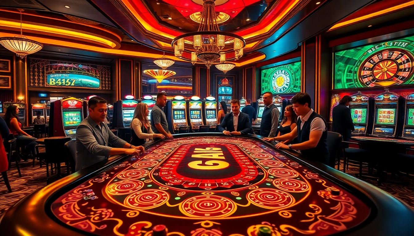 B52 casino table vibrant game action with players and colorful chips.