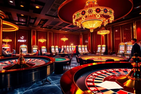 Players enjoying the gaming excitement at FEBET com's casino tables, with vibrant chips and lively atmosphere.