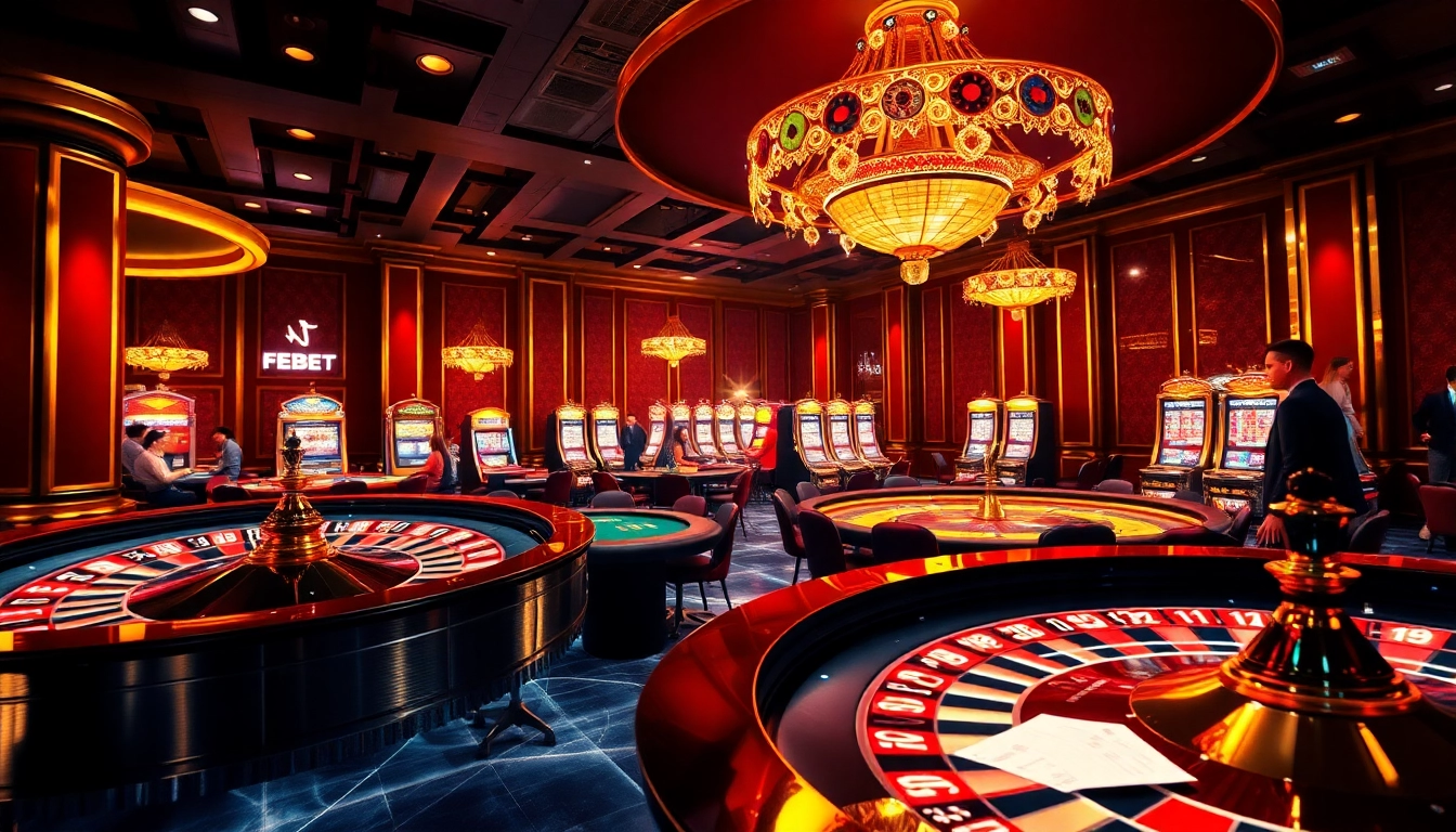 Players enjoying the gaming excitement at FEBET com's casino tables, with vibrant chips and lively atmosphere.