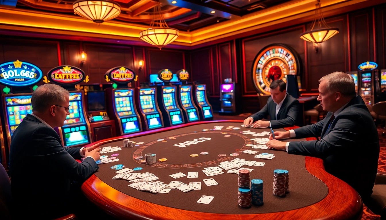 Players enjoying a thrilling poker game at MB66 Casino with vibrant lights and elegant decor.