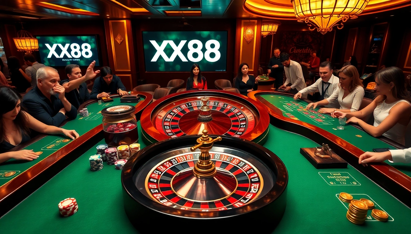 Experience thrilling XX88 casino action with poker chips and a roulette wheel in an elegant setting.
