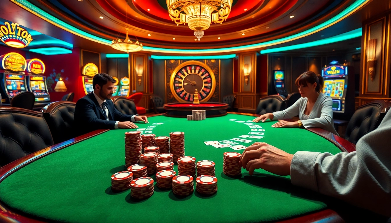 WinVN poker scene with players, luxurious table, chips, cards, and roulette wheel.