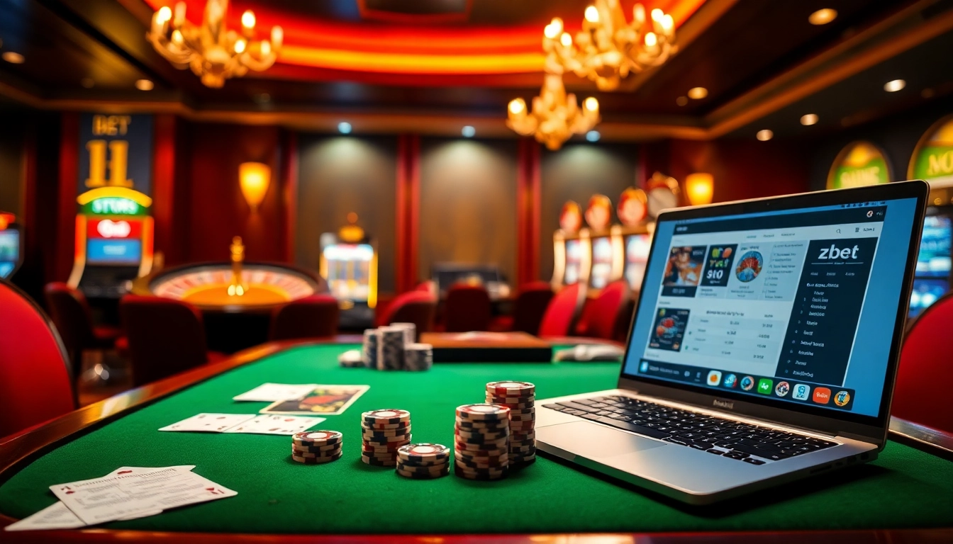 Engaging scene depicting nhà cái zbet with poker chips, cards, and roulette in a luxurious casino setting.
