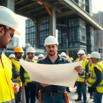 New York City General Contractor leading a construction team on site in a vibrant urban setting.