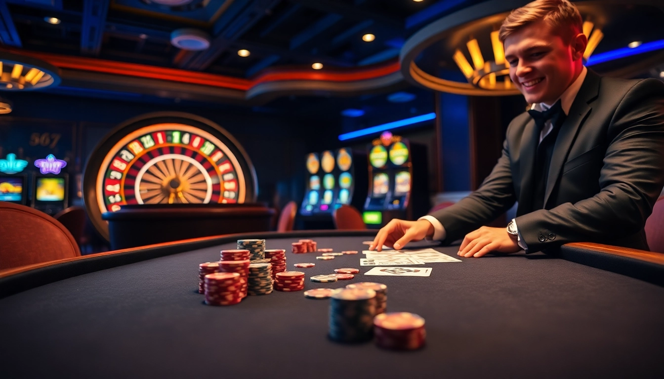Experience the thrilling atmosphere of jl 55 at a luxurious casino featuring poker tables and slot machines.